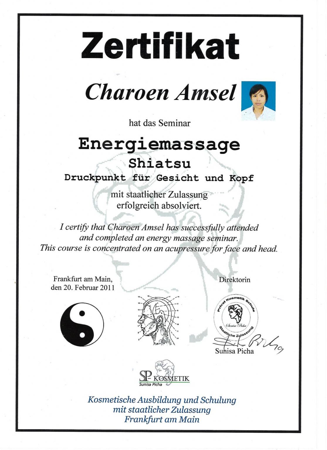 Gesicht und Kopf Shiatsu Zertifikat